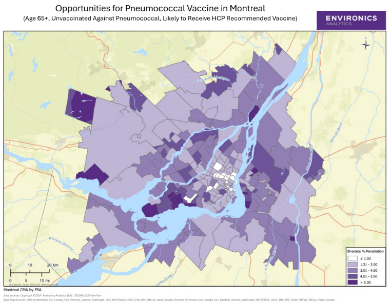 Sample map of opportunities for Pneumococcal vaccination based on the current population unvaccinated against pneumonia.